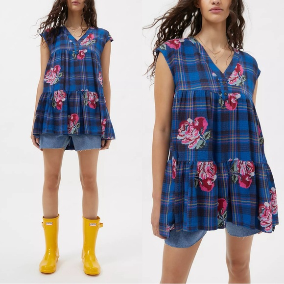 Urban Outfitters Gretta Floral Embroidered Frock Babydoll Dress Blue Plaid Y2K - Picture 1 of 16